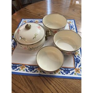 Lincoware 89 Casserole Server N 3 Bowls Bonnie Floral Enamel Brass Tone Handles